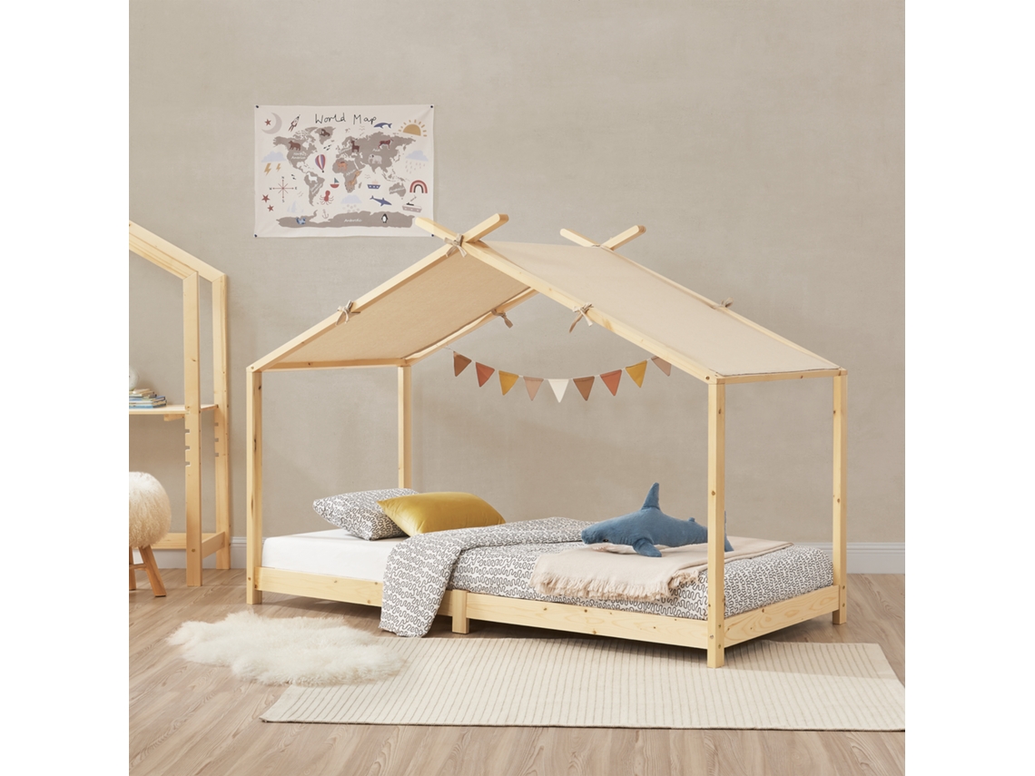 Cama para niños Brome en forma de casa con techo desmontable madera pino 90 x 200 cm - Natural y Beige [EN.CASA]