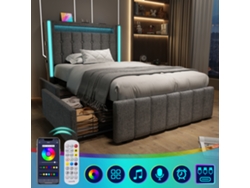 Cama Individual De 90x200 Cm Con Usb-c, Iluminación Led, Cajones, Color Gris. Colchón No Incluido.