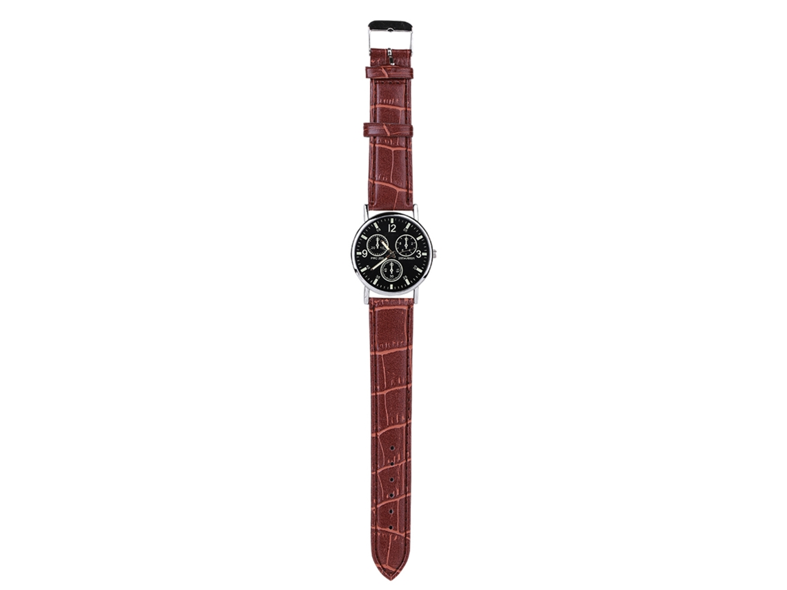 Reloj De Pulsera Analógico Redondo Con Correa De Pu Marrón Y Esfera Negra, Cristal Azul.