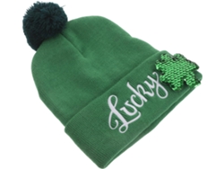 Gorro de invierno verde con trébol irlandés bordado y lentejuelas.