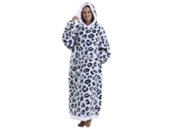 Bata Estilo Sudadera Y Manta De Felpa Extrasuave. Triple Bolsillo Frontal Tipo Canguro. Diseño Leopardo Blanco Tipo Largo.