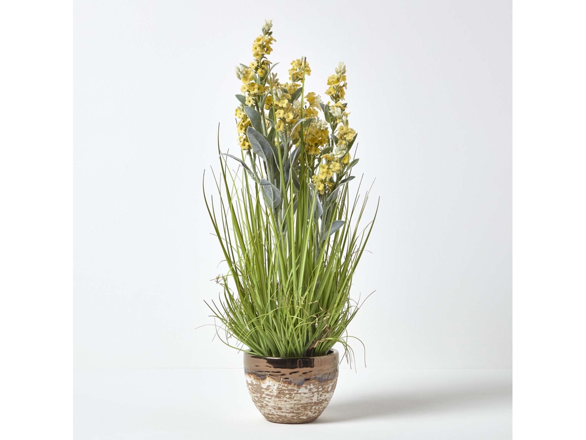 Homescapes Artificial Yellow Lavender Plant In Decorative Metallic Ceramic Pot, 66 Cm Tall
