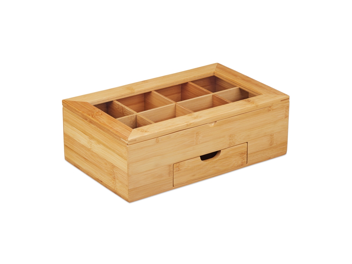 Relaxdays Caja Té, Ventana En La Tapa Y 8 Compartimentos, Organizador Infusiones, Con Cajón, 11x33x20 Cm, Bambú, Marrón
