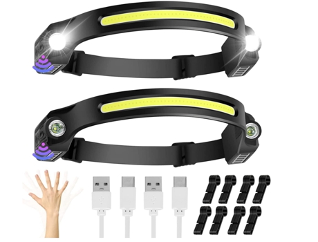 Linterna frontal 2 paquetes 6 modos Sensor de movimiento Linterna frontal 230 grados Vista amplia Linterna frontal LED recargable IPX4 Linterna BIS...