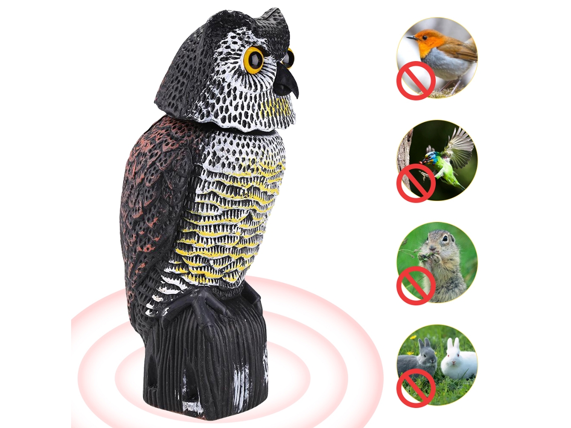 Estatua de búho con cabeza giratoria de 360° para ahuyentar a los pájaros