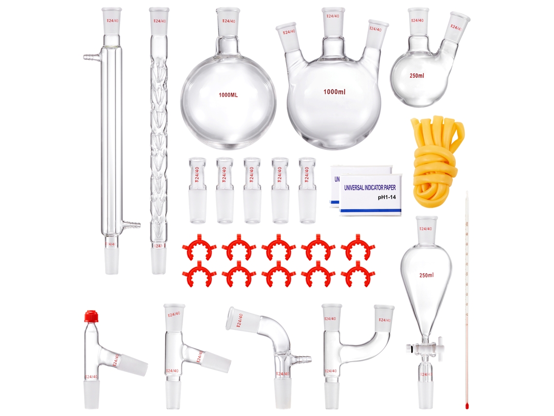Juego de destilación de vidrio de laboratorio Succebuy de 1 l y 3,3 ml de borosilicato (29 piezas)