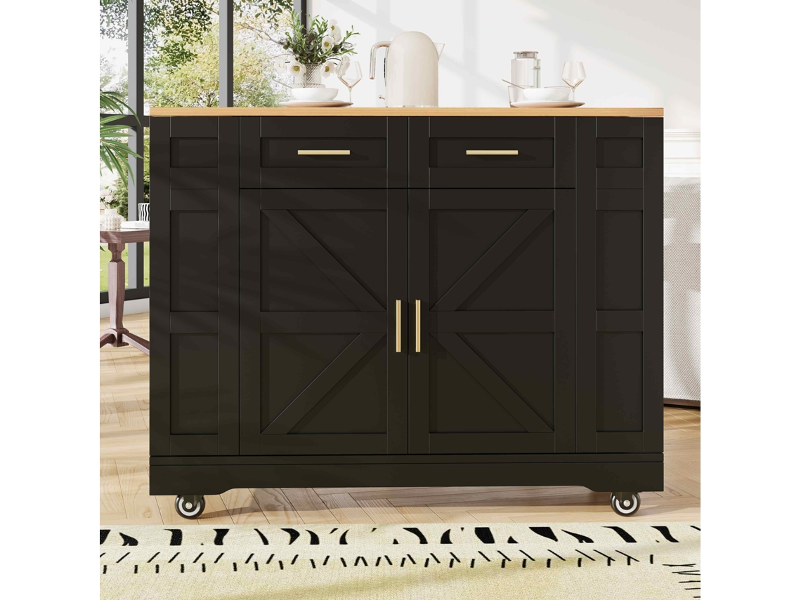 Isla de Cocina Central Bandeja Móvil Extensible 2 Cajones y 2 Puertas con Estantes Abiertos MDF Negro Estilo Natural