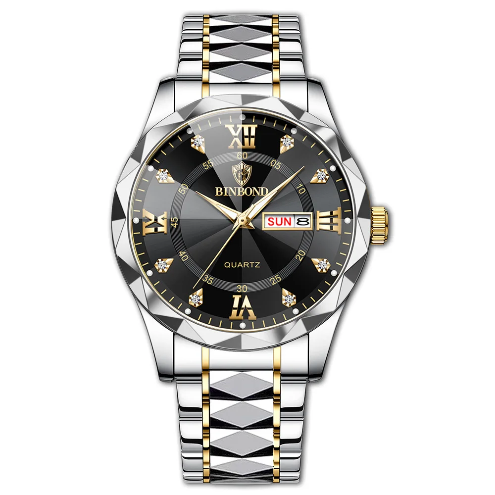Reloj Deportivo Para Hombre, Resistente Al Agua, Con Indicador De Día Y Fecha (correa Dorada Y Plateada, Esfera Negra).