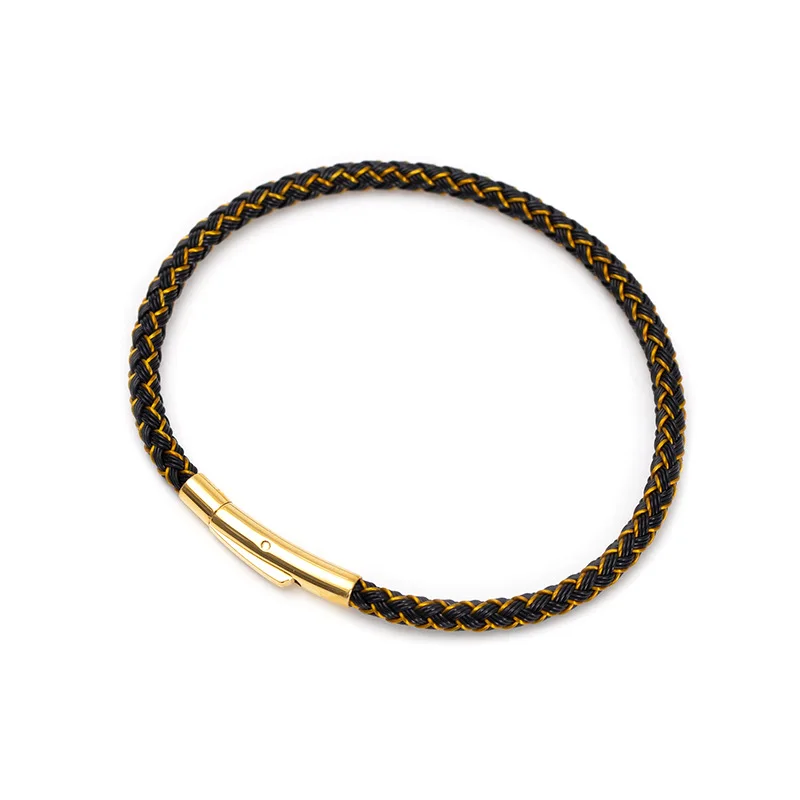 Pulsera de cuerda impermeable multicolor de acero inoxidable, lujosa y elegante. MDUG (Negro y dorado, 17 cm)