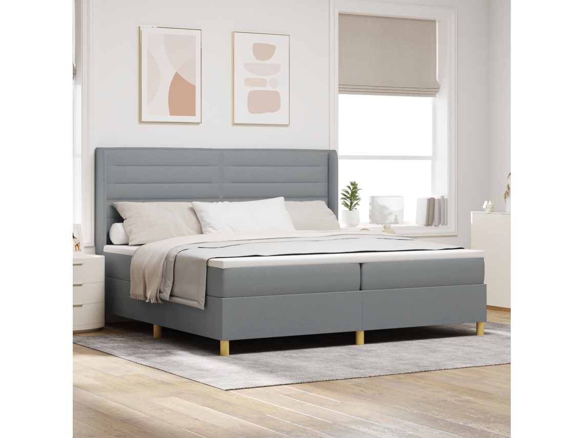 Cama Box Spring Con Colchón Tela Gris Claro 200x200 Cm