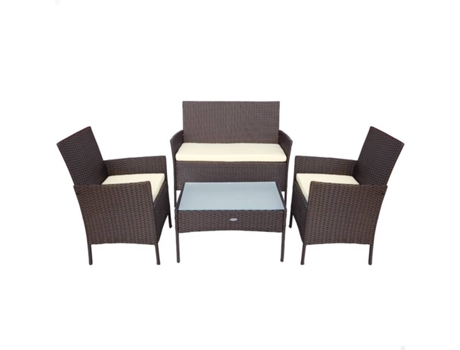 Sillón + Sofá + Mesa LIFETIME (Negro - Acero, Ratán, Vidrio, Poliéster - 104x58x84 cm)
