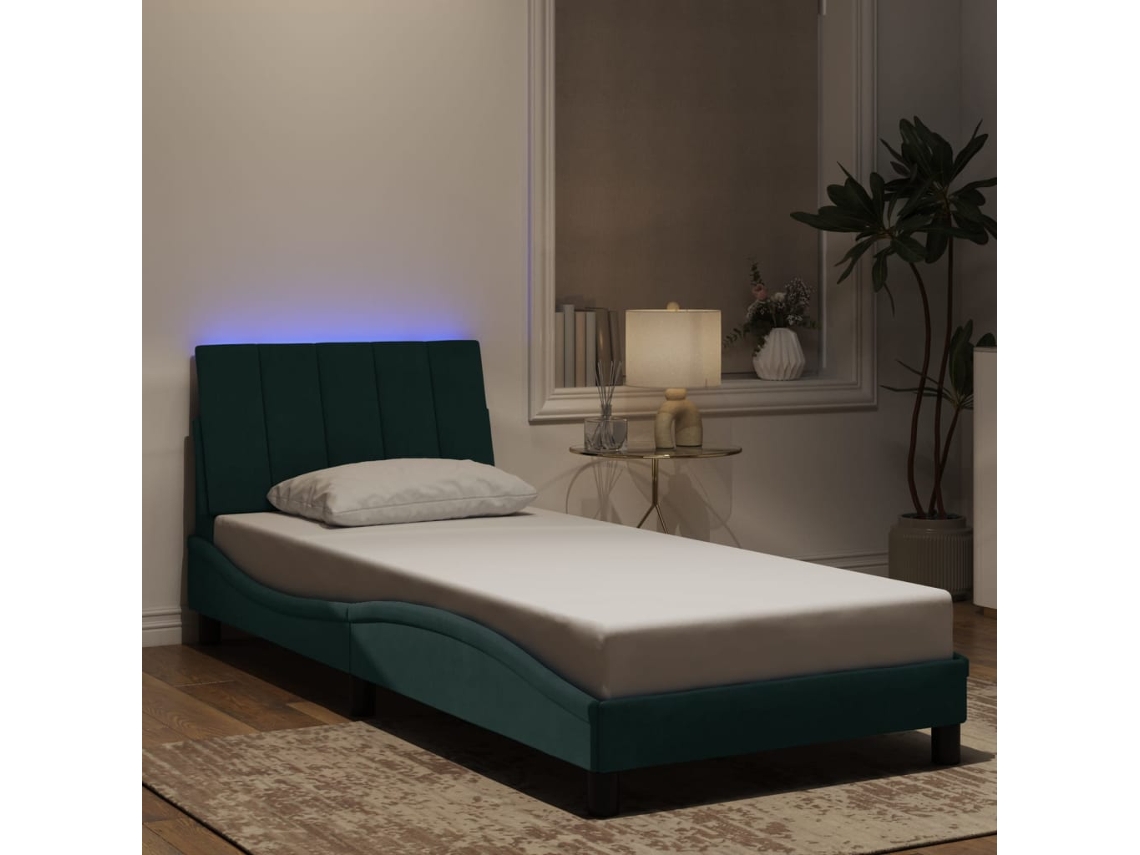 Estructura Cama Con Luces Led Terciopelo Verde Oscuro 90x190 Cm