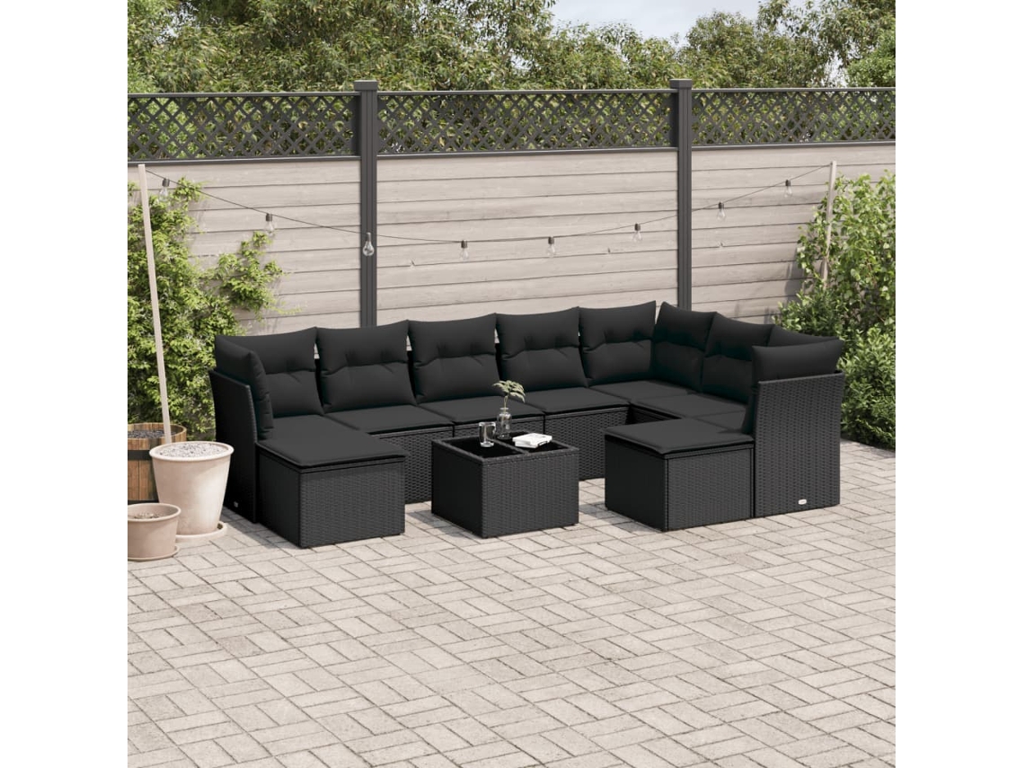 Conjunto de sofá de jardín de 10 piezas con cojines en mimbre sintético negro de DKD Home Decor