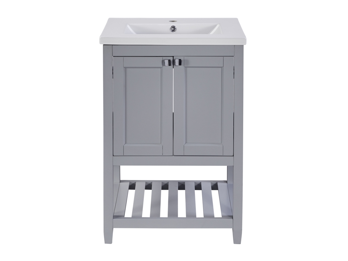 Mueble de baño con lavabo cerámico, 2 puertas y repisa inferior, Mobrio gris (grifo no incluido)