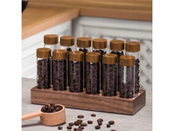 12 Tubos Monodosis Para Almacenar Granos De Café, De Vidrio Borosilicato Con Tapas, Soporte De Madera Y Embudo.