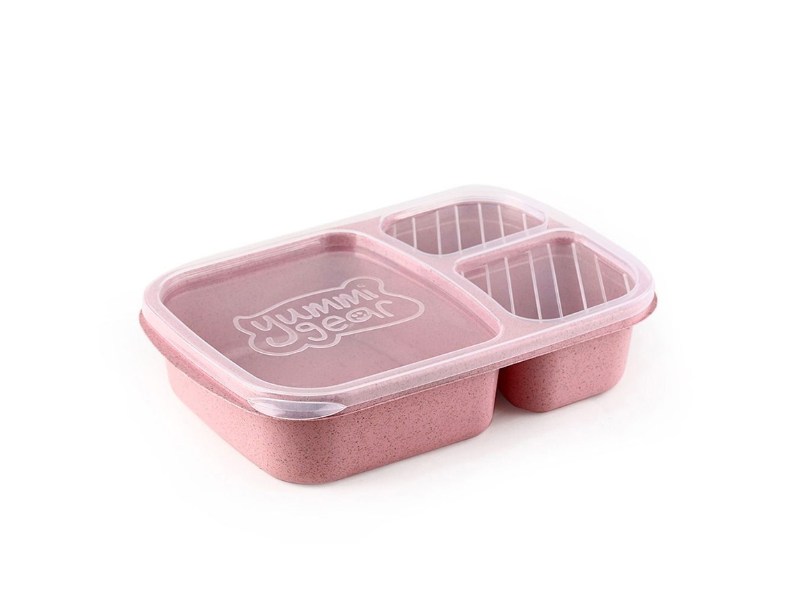Fiambrera rectangular (rosa) con separadores, apta para microondas y ecológica.