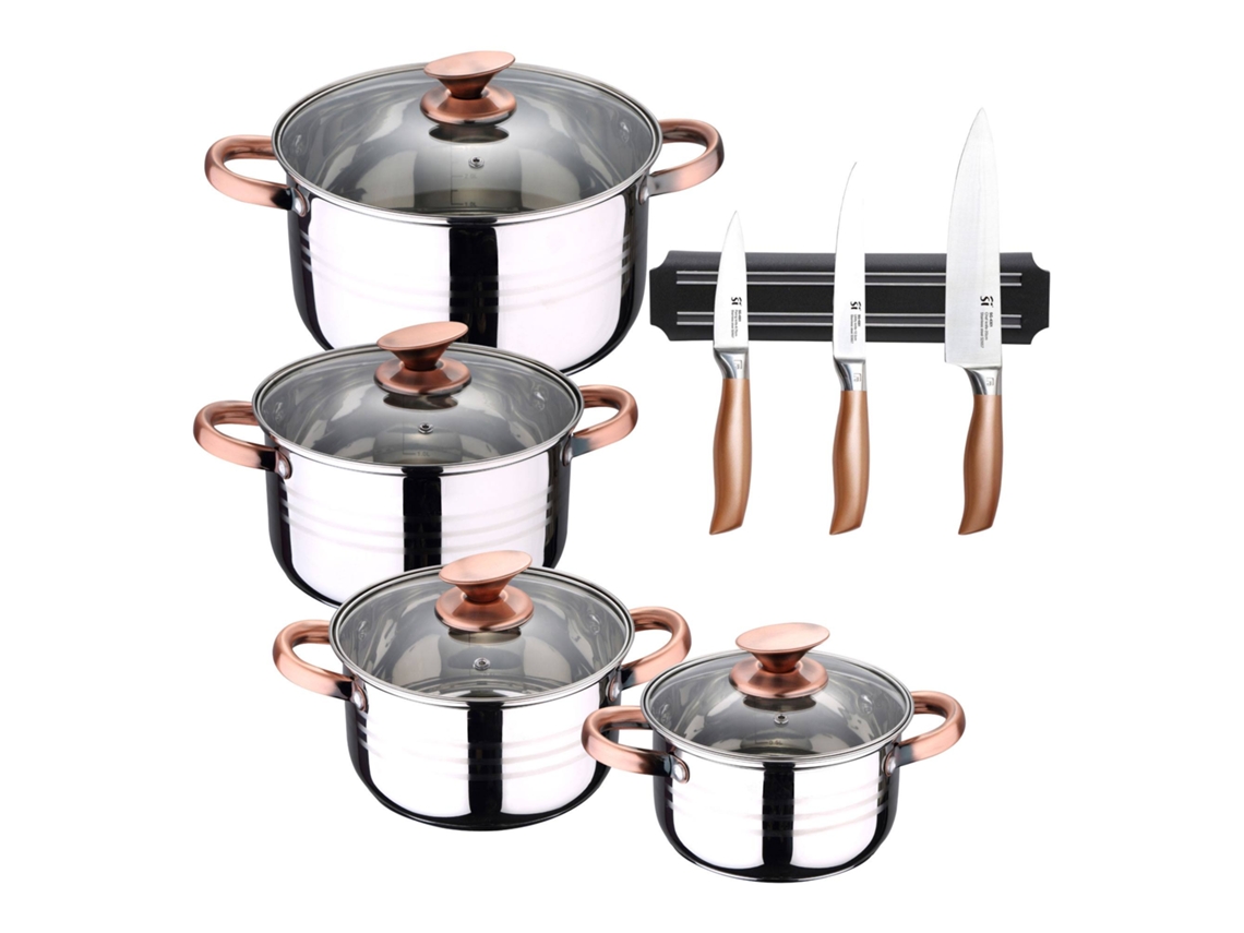 Batería De Cocina Ø16ø18ø20ø24cm De Acero Inoxidable Nona San Ignacio (8 Piezas) Con 3 Cuchillos