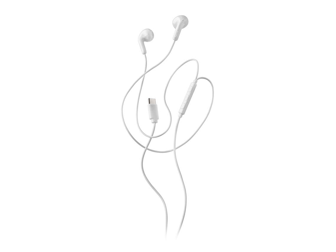 Audífonos blancos tipo botón con deslizamiento cruzado, micrófono y control de volumen. Asistente de voz funcional. Conexión USB-C. Chaberlu