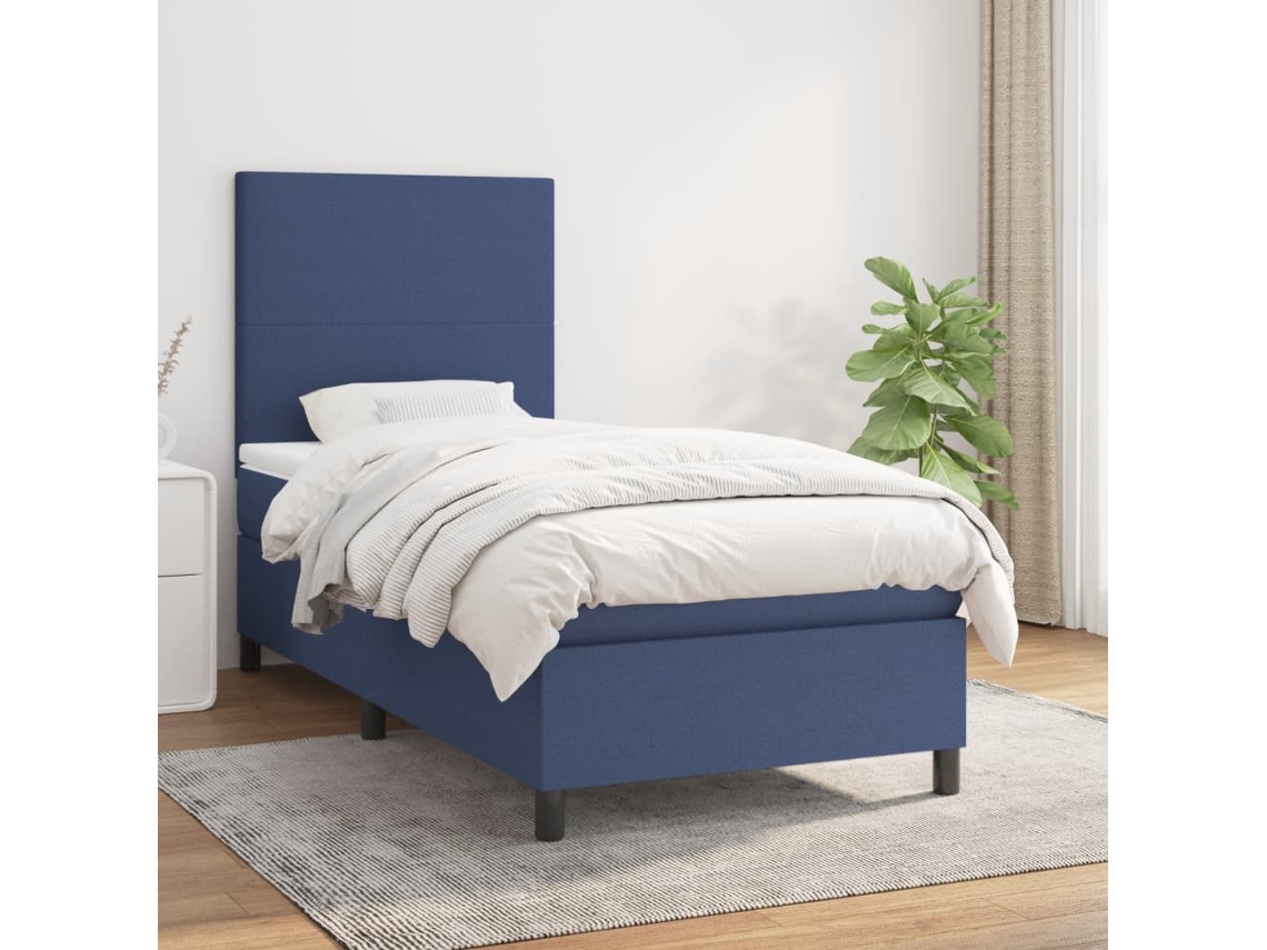Cama Box Spring Con Colchón Tela Azul 90x200 Cm