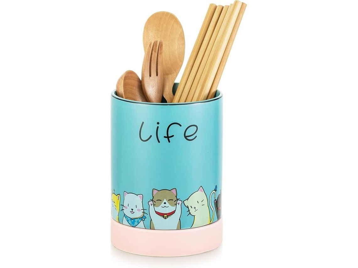 Soporte De Cerámica Para Utensilios De Cocina Con Un Bonito Diseño De Gato, Práctico Y Espacioso.