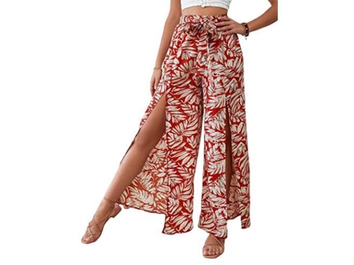 2026-pantalones Largos De Pierna Ancha Con Estampado Floral Boho, Abertura Y Lazada Frontal Xl Rojo