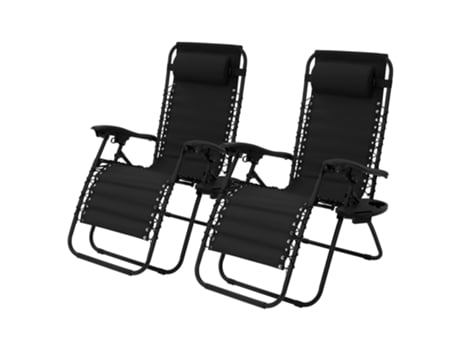 2x Tumbona plegable negra con reposacabezas y portavasos ML-DESIGN