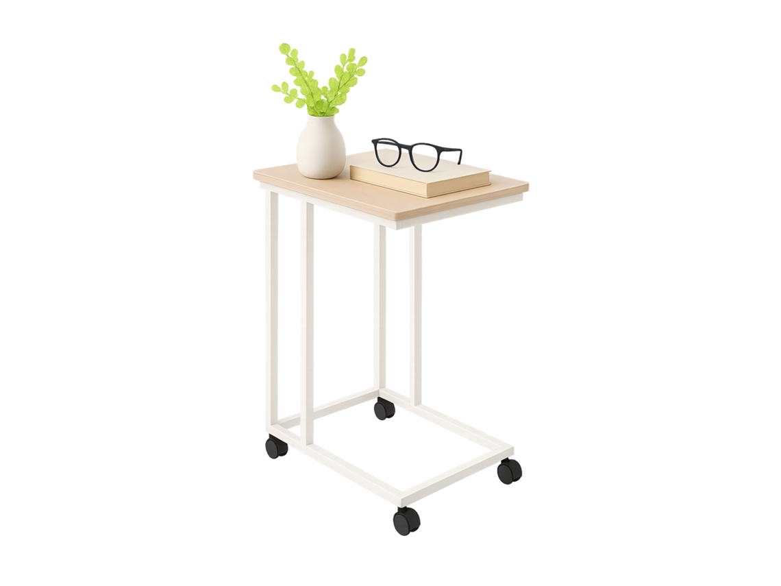 Mesa Auxiliar Relaxdays Con Ruedas, Hbt: 68 X 50 X 35 Cm, Mdf, Metal, Forma C, Mesa De Sofá Marrón/blanco