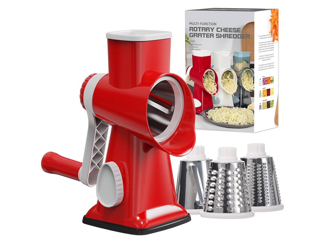 Cortador de queso/rallador de frutas y verduras manual 3 en 1, de acero inoxidable ecológico MDUG (rojo)