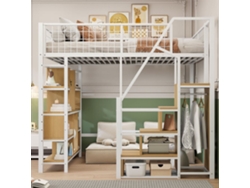 Cama Alta Multifuncional 140 X 200 Cm - Con Almacenamiento, Estantes Y Escalera - Blanco