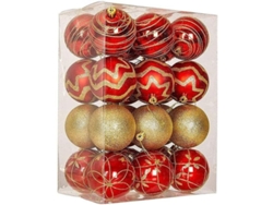 Juego De 24 Bolas Navideñas De 6 Cm Pintadas A Mano En Rojo Y Dorado Para Decorar El Árbol.
