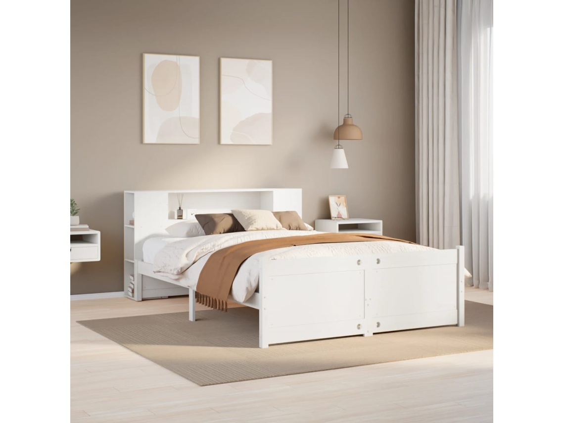 Cama Con Estantería Sin Colchón Madera Maciza Blanca 160x200 Cm