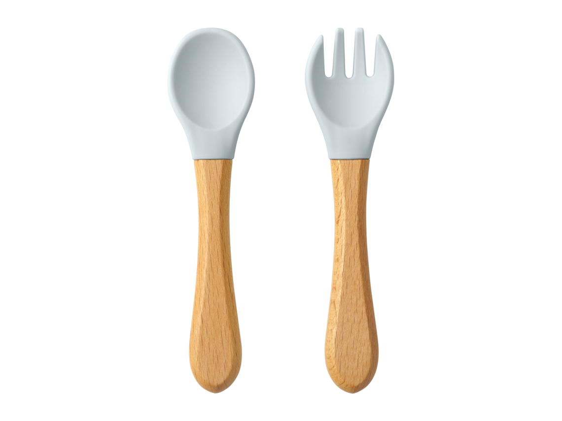 Juego de dos piezas de vajilla infantil de silicona y madera con asas de madera. MDUG (gris azulado)
