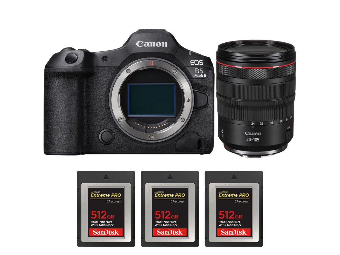 Canon EOS R5 Mark II + RF 24 105mm F/4 L IS Usm + 3 Sandisk 512GB Extreme Pro CFExpress Tipo B + Libro electrónico “20 consejos para fotos impresionantes”
