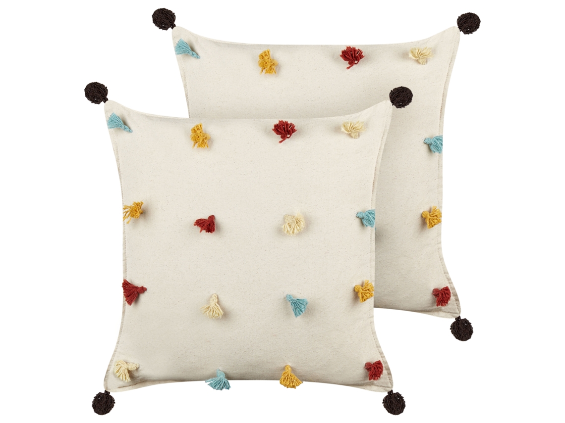 Lote de 2 cojines con borlas de colores BELIANI Fussel de Algodón Beige 45x45x4