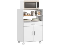 Carrito de cocina con horno microondas, ruedas, cajón y estantes - Blanco