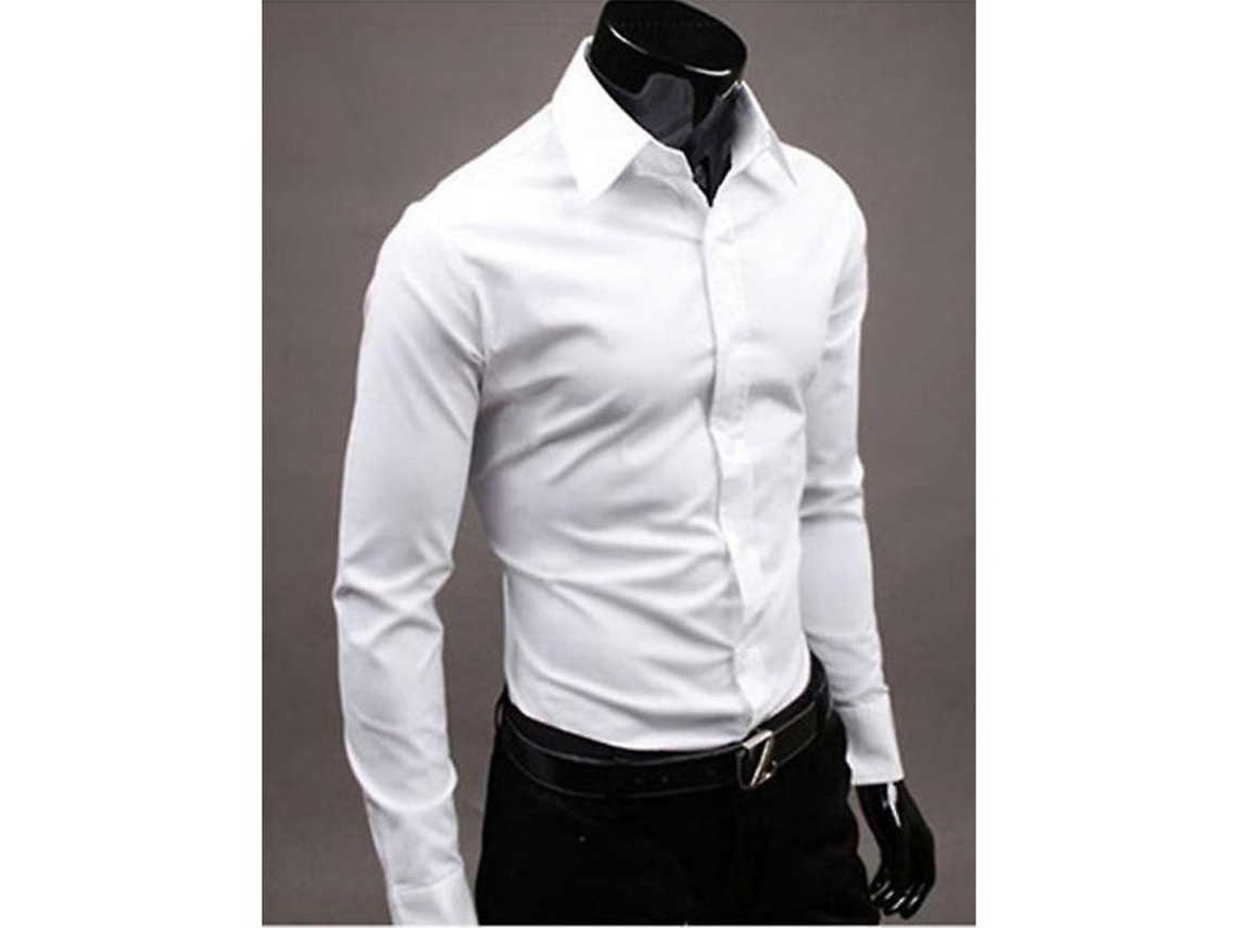 2026-camisas De Lujo Para Hombre Slim Fit Cuello Redondo Manga Larga Casual Formal Verano Otoño M Blanco