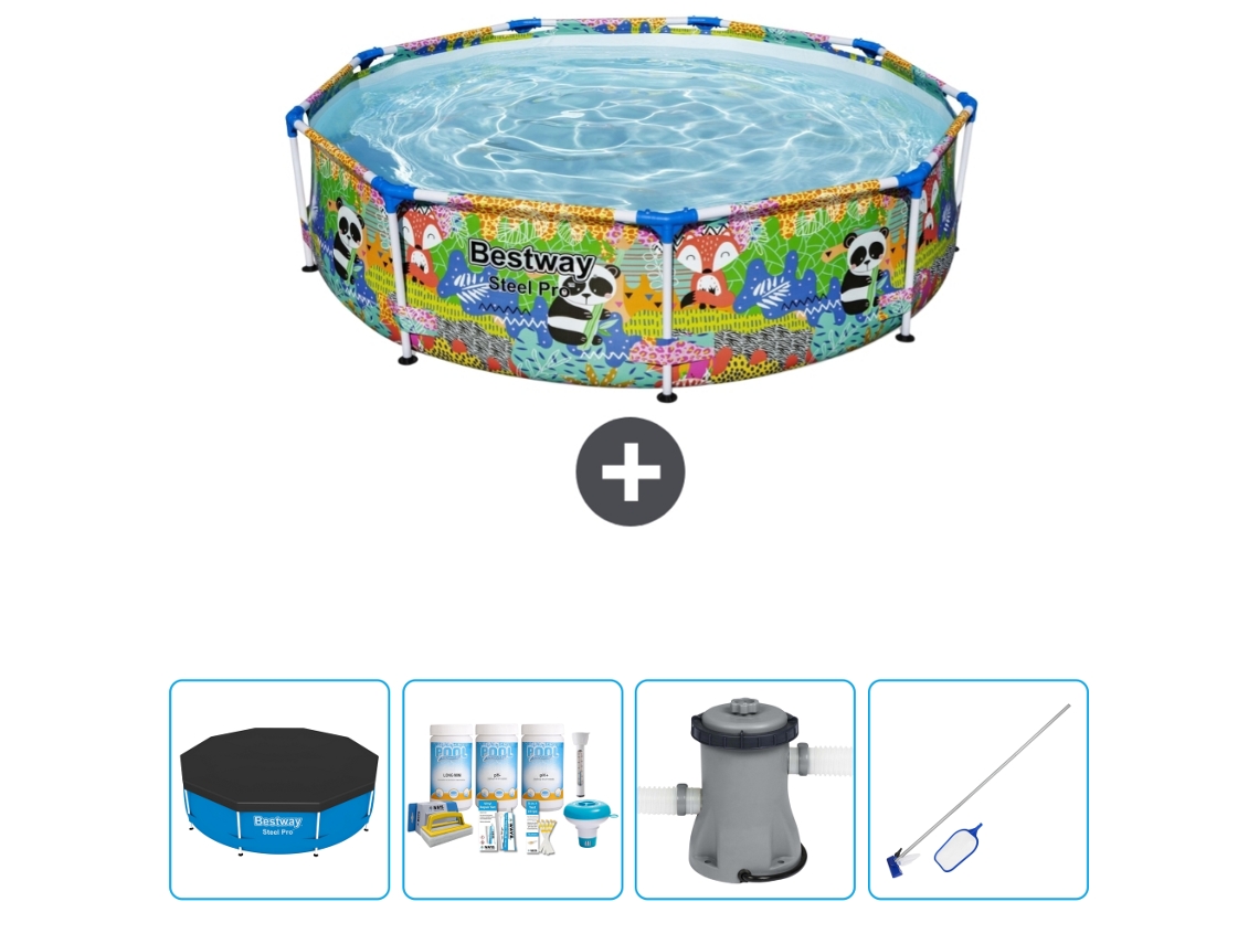 Piscina BESTWAY Round Steel Pro - 274 x 66 cm - Animal print - Incluida Cubrir - Paquete de mantenimiento - Bomba - kit de limpieza