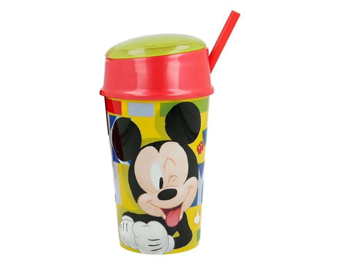 Vaso infantil para meriendas de Mickey Mouse con compartimento y pajita, 400 ml, diseño de dibujos animados, rojo/amarillo.