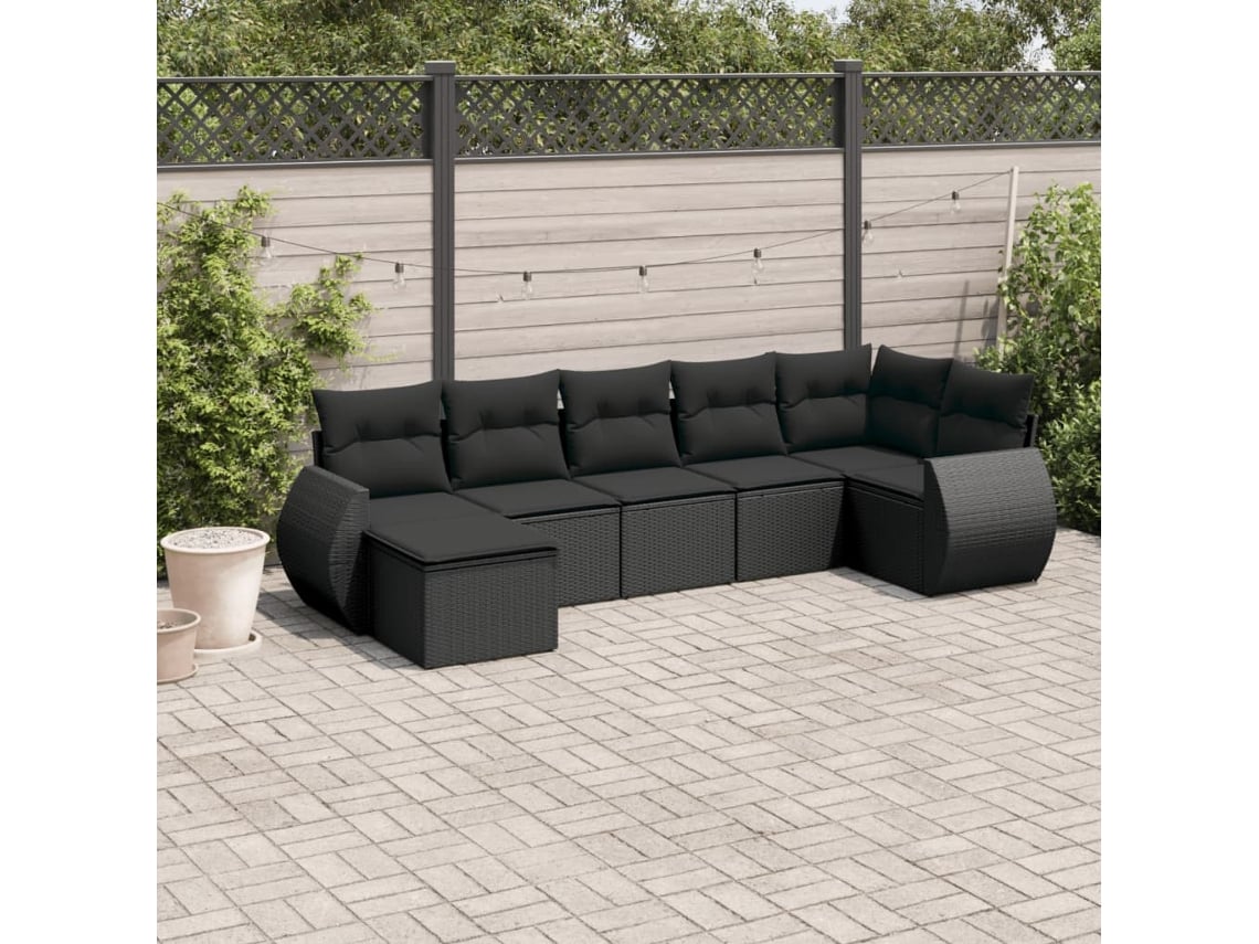 Conjunto de sofá de jardín de 7 piezas con cojines, ratán negro, Dkd Home Decor