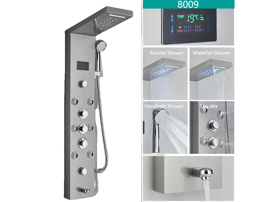 Grifo de ducha LED con pantalla digital de temperatura y sistema de masaje corporal, acabado cepillado 8009