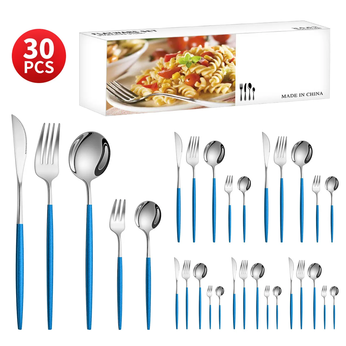 Juego De Cubiertos De Acero Inoxidable (azul Plateado) Que Incluye Cuchillo, Tenedor, Cuchara, Tenedor De Té Y Cucharilla.