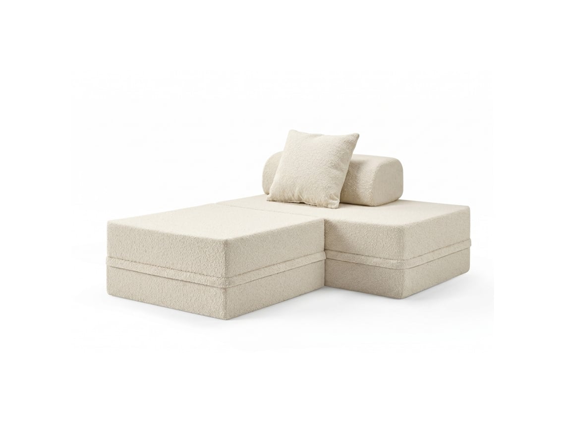 Sofá Modular 2 Lugares + Puff Convertible Bouclette Beige