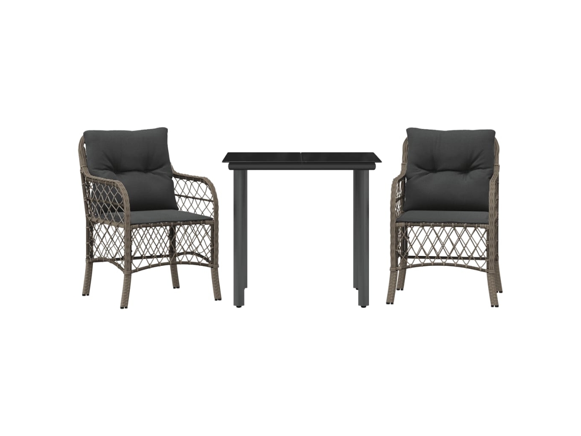Conjunto de bistró de 3 piezas con cojines de mimbre, gris, EXCLUSIVO DE LA CASA