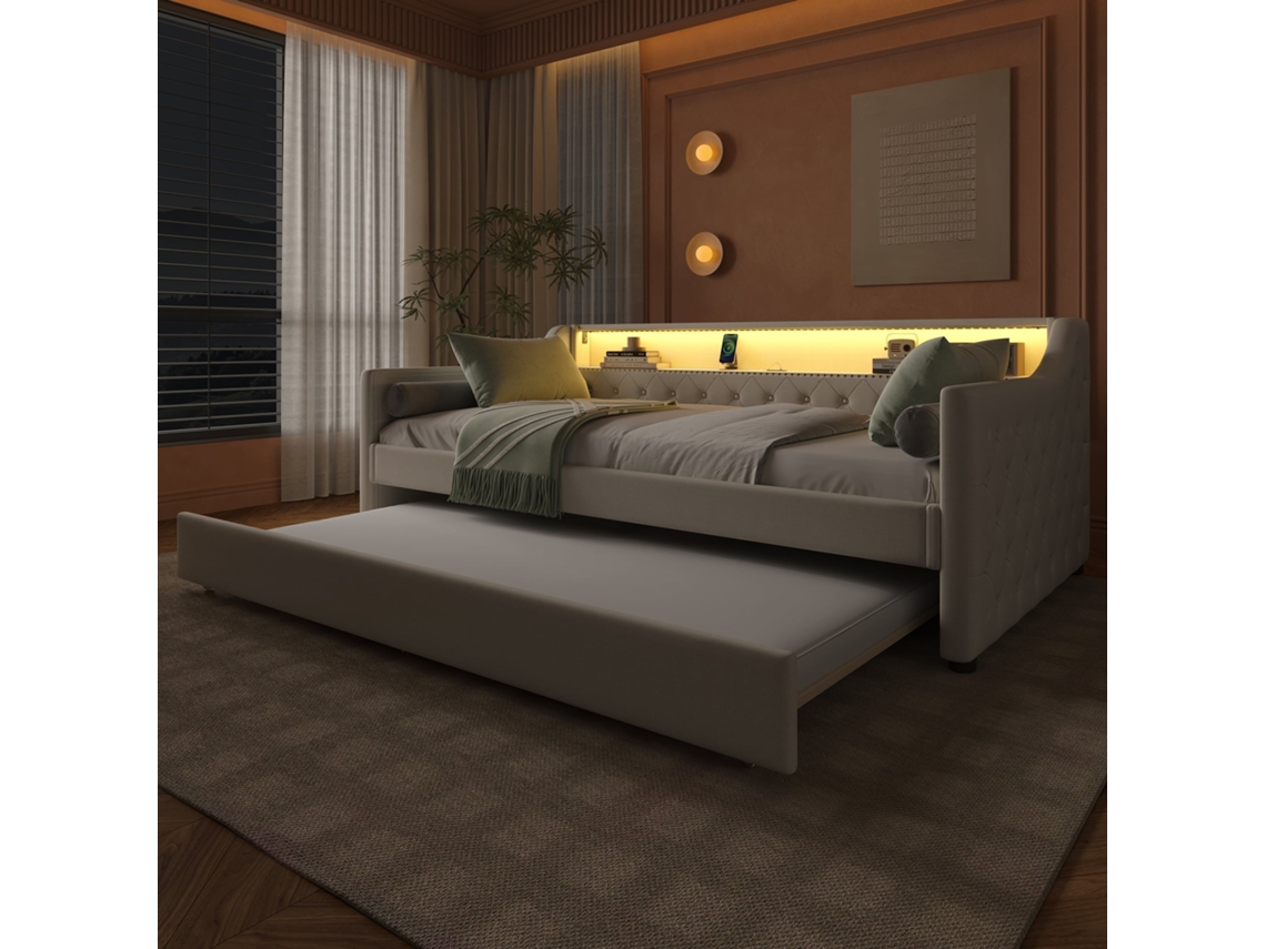 Cama Día 90x200cm, Convertible, Led, Usb, Base De Listones Incluida, Capacidad 150kg, Sin Colchón, Beige