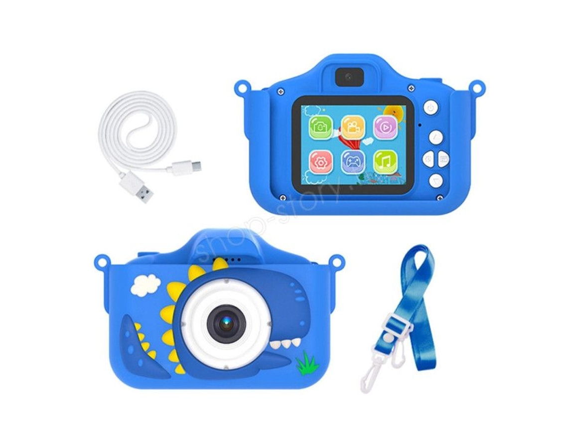 Cámara digital de dinosaurios para niños, 1080p, cámara frontal y trasera, juegos, azul