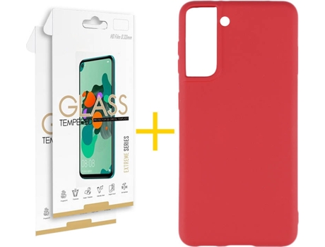 Carcasa y 2 Protectores de Pantalla de Vidrio Samsung S21 Plus SKYHE Silicona Líquida Rojo