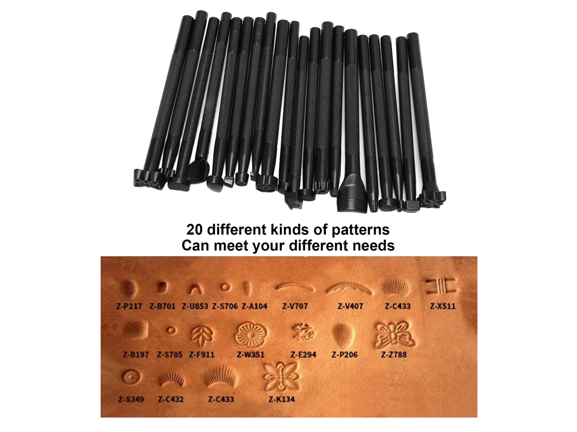Kit De Sellos De Cuero 20 Piezas Herramientas De Estampado Mano Resistente A Deslizamientos Para Diy Artesanía Negro