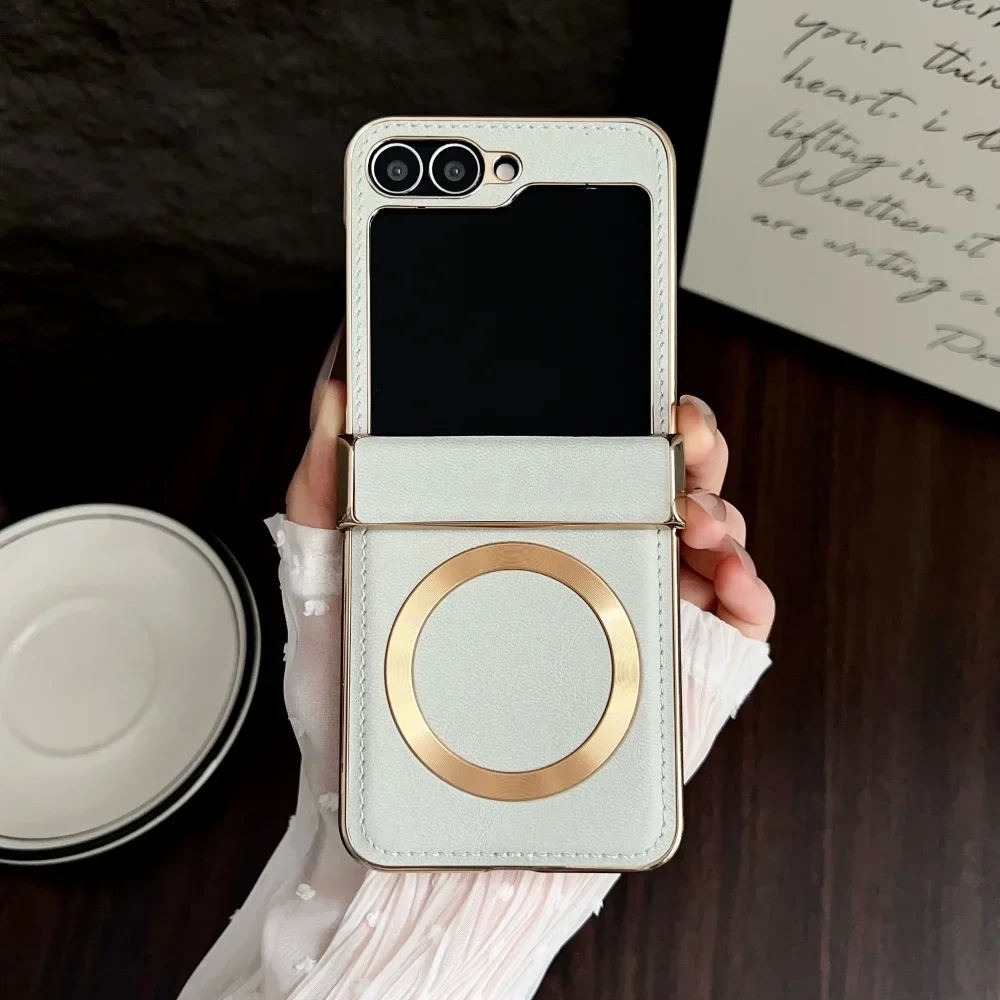 (blanco, Galaxy Z Flip6) Funda Protectora Magnética De Cuero Galvanizado, Marco A Prueba De Golpes Y Funda Protectora De Bisagra