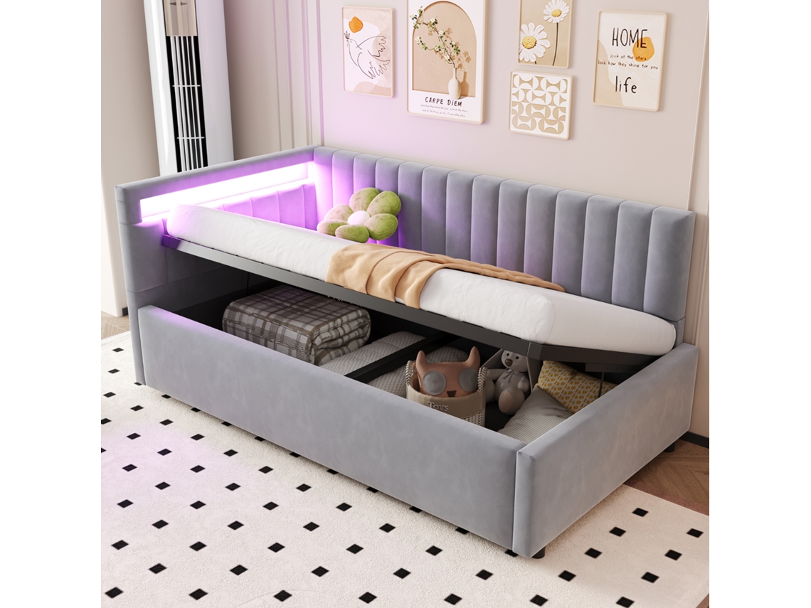 Sofá Cama De 90x200 Cm Con Iluminación Led, Almacenamiento Hidráulico, Diseño De Rayas Verticales, Terciopelo, Gris Claro.