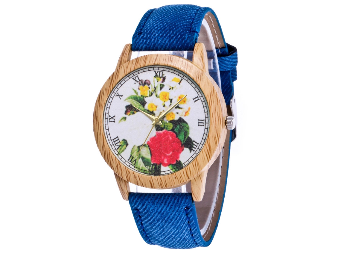Reloj De Pulsera De Mujer Con Estampado Floral Vaquero De Estilo Retro Y Correa Azul.